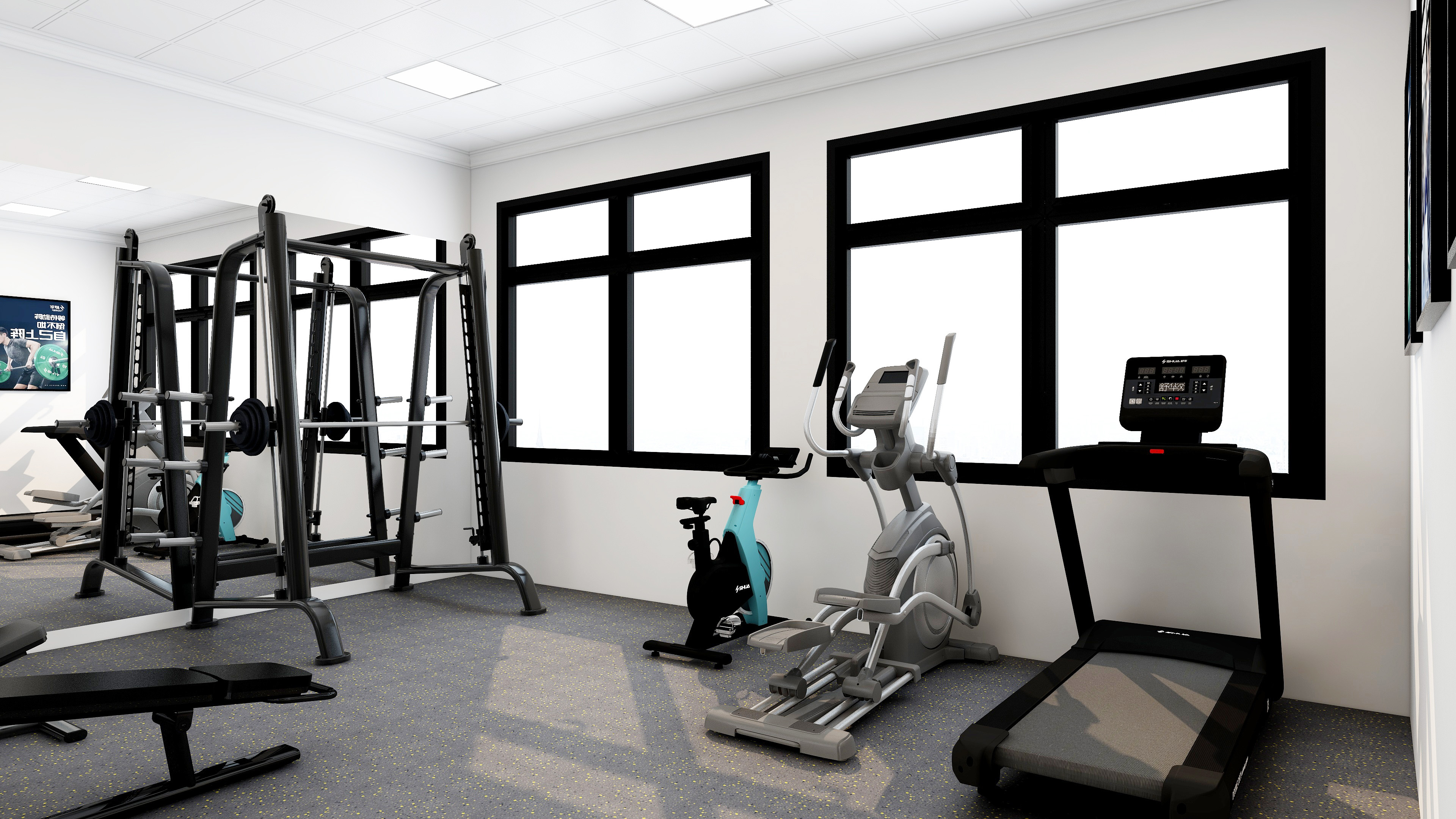 家庭健身房布局设计_综合训练器 史密斯机_30平米健身房器材配置